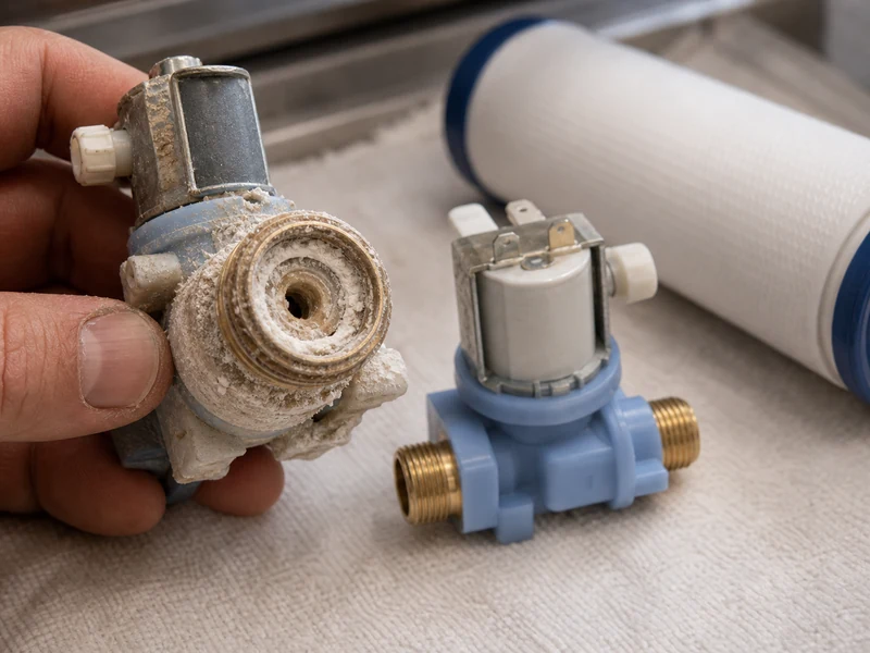 Scale buildup on a Sub-Zero water inlet valve from 14 to 28 grain Jacksonville water in a Deerwood kitchen